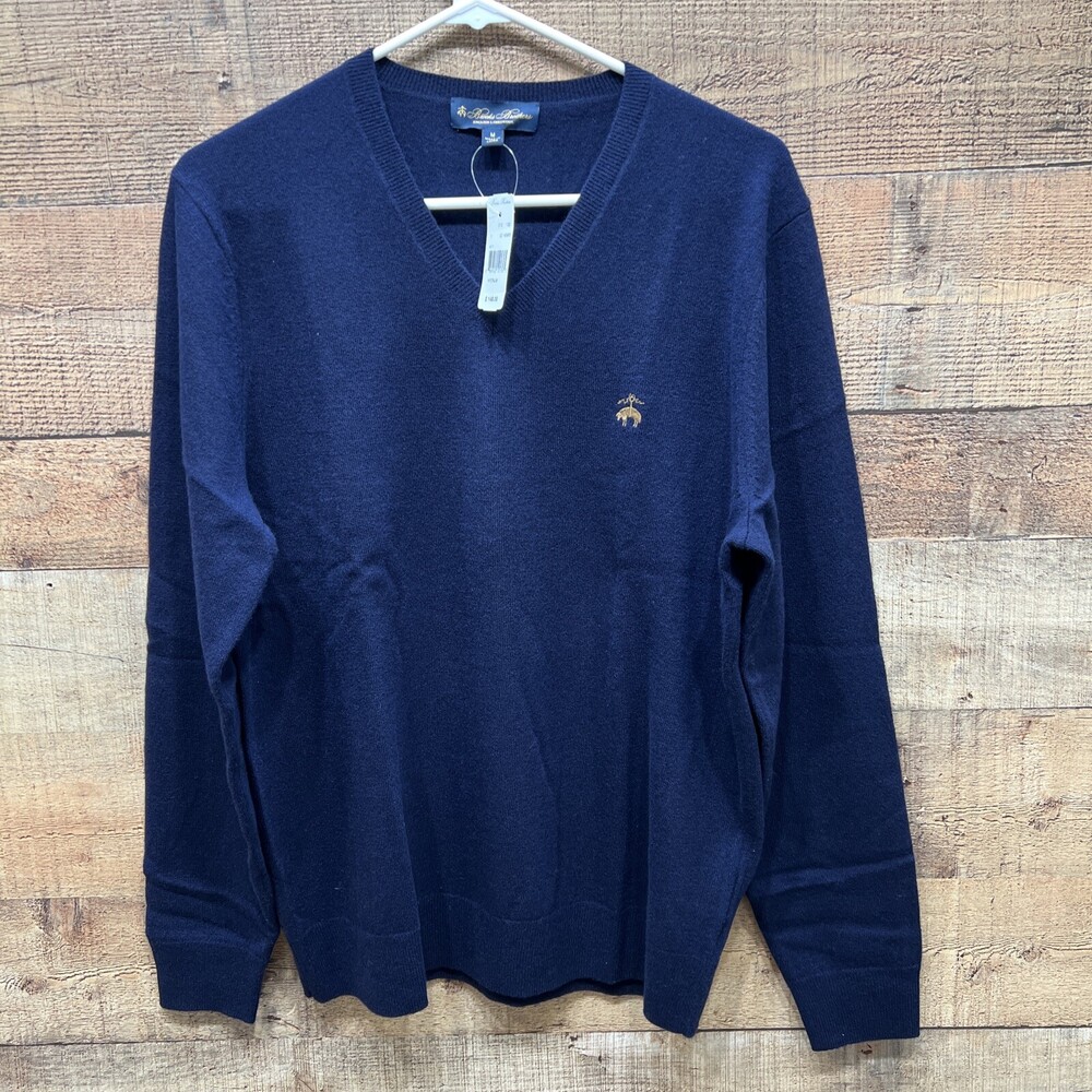 Brooks Brothers English Lambswool Mens Navy V Neck Pull Over Sweater Size M NWT!